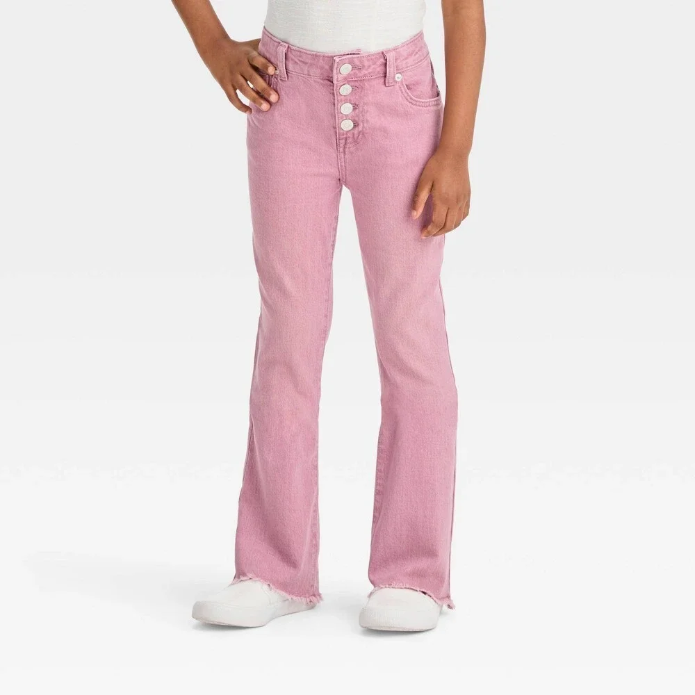 Girls Stretchy Button Fly Flare Jeans - Cat & Jack Pink Size 14